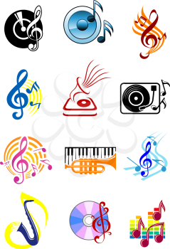 Colorful musical icons with music notes, speakers, gramophone records, saxophone, keyboard, trumpet and clefs with staves on white