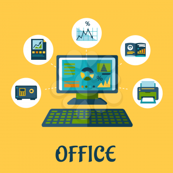Business and office concept design with flat icons pf printer, report,  chart, graph, folder, laptop and safe box