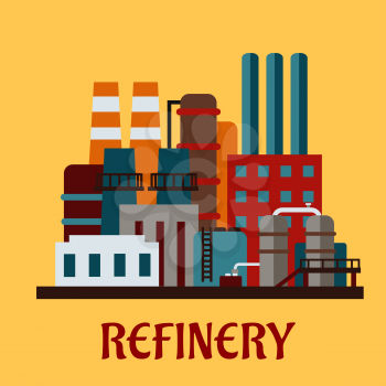 Flat industrial refinery with  set of buildings, tanks, pipe work and chimneys over a yellow background with text Refinery