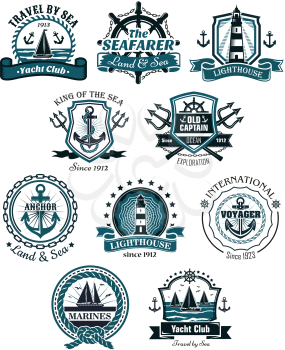 Marine emblems and banners with helm, rope, yacht, lighthouse, trident, anchor and ships