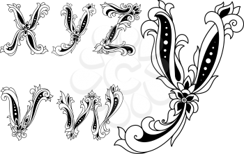 Alphabet letters v,w, x,y,z  in retro style decorated with flowers for any medieval or monogram design