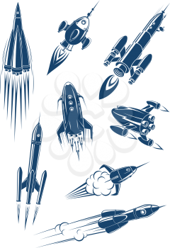 Cartoon spaceships and rockets in space isolated on white background