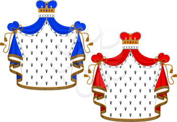 Royal mantle with king crown in red and blue variations for heraldic design
