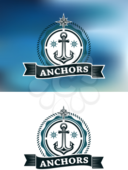Ship anchor in round rope border with text for marine heraldic design