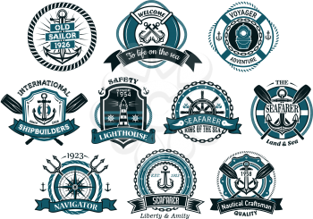 Creative seafarers or nautical logos and banners with rope, anchor, trident, helm, chains, life buoy and oar