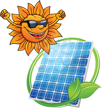 Cartoon sun with a happy smile wearing sunglasses with a photovoltaic cell with entwined greeen leaf for alternate eco-friendly solar energy