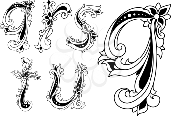 Floral black and white Q, R, S, T and U alphabet letters set for medieval design