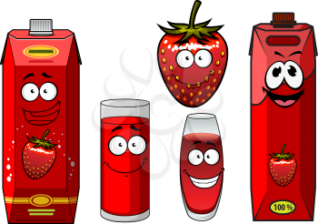 Strawberry juice and fruit cartoon characters including fresh smiling strawberry fruit with yellow seeds, cardboard packs with colorful design and glasses with red drink isolated on white background