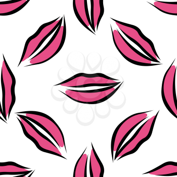 Vintage seamless smiling woman lips with pink lipstick pattern in outline sketch style on white background