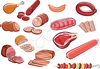 Meat products in cartoon style including  bacon strips, sliced sausages and roast beef, fresh steak, chicken leg, kebab with vegetables on skewer suited for steak house or butcher shop design