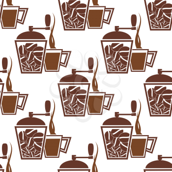 Coffee seamless pattern with vintage manual coffee mills and cups filled brown hot drink on white background for cafe or coffee shop design