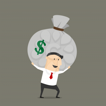 Successful cartoon businessman carrying on his shoulders huge money bag with dollar sign suited for success and profit concept design
