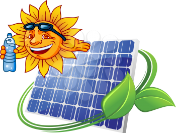 Solar energy concept depicting blue sun panel with green leafy stalk and cartoon cheerful sun character with sunglasses and bottle of water 