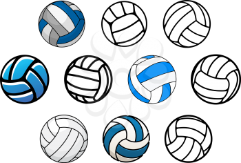 Outline and cartoon leather voleyball balls in blue, white and gray colors isolated on white background for sporting design