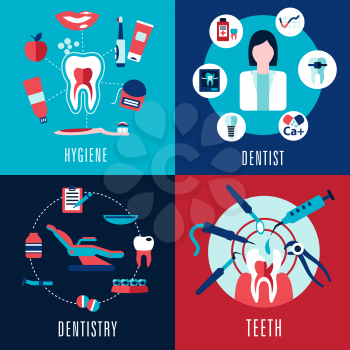 Medical flat concept with dentistry, dentist, teeth, hygiene infographics showing female doctor, tooth cross sections and dental chair with treatments icons