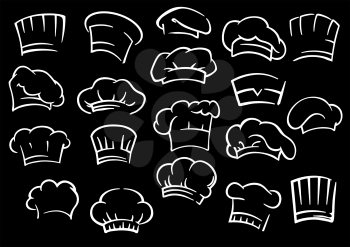 Traditional chef toques or hats in outline sketch style isolated on black background suited for restaurant or cafe menu design