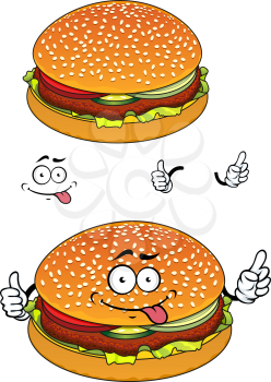 Happy hamburger cartoon character showing sesame seeds bun with burger patty, cheese and slices of vegetables suited for fast food cafe or restaurant menu design