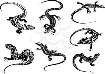 Black lizards reptiles with long curved tails decorated geometric ornament in tribal style suitable for tattoo or mascot design