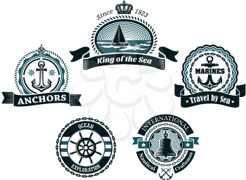 Nautical retro labels and badges in traditional blue colors depicting ship, anchors, helm and bell framed ropes, chains, waves and ribbon banners 