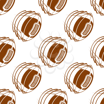 Brown rugby balls seamless pattern showing flying american football balls with traditional lacing on white background for fabric or wrapping design 