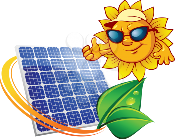 Eco concept in cartoon style depicting blue solar energy panel surrounded yellow sunbeams with fresh green leaves and sun in sunglasses showing thumb up