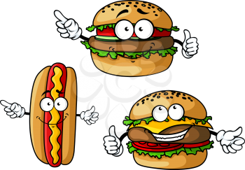 Funny hamburgers and hot dog cartoon characters with appetizing patties, sausage, vegetables, cheese and mustard isolated on white background for fast food cafe or restaurant menu design