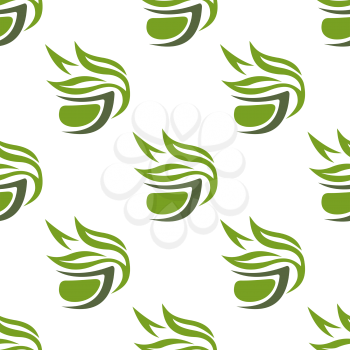 Abstract green or herbal tea seamless pattern with stylized tea cups decorated leafy branches on white background suitable for fabric or wrapping design