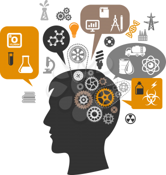 Silhouette of scientist head thinking about chemistry research with brain gears and thought bubbles around him showing laboratory tests, oil refining innovations, and saving resources icons