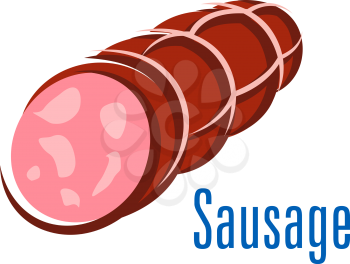 Smoked pork sausage with pieces of meat on the cut in cartoon style isolated on white background with blue text Sausage for meat market or butcher shop design