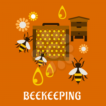 Beekeeping concept in flat style showing beehive, frame with honeycombs and bees flying around flowers and drops of honey on orange background with text Beekeeping