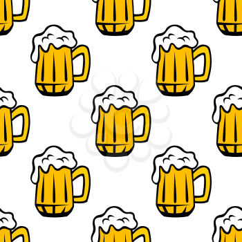 Seamless retro yellow mugs or tankards with fresh frothy beer pattern in cartoon style  for wrapping paper or oktoberfest party design 