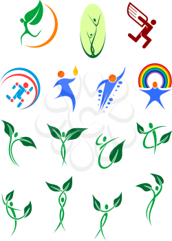 Eco friendly and environment protection abstract symbols showing silhouettes of people with green leaves, rainbow and wings in blue and green colors