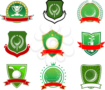 Vintage green golf emblems and logos with crossed clubs, balls and trophy cup on heraldic shields with ribbon banner, laurel wreath, stars, crown
