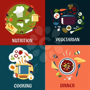 Cooking healthy food flat concept with cuisine icons
