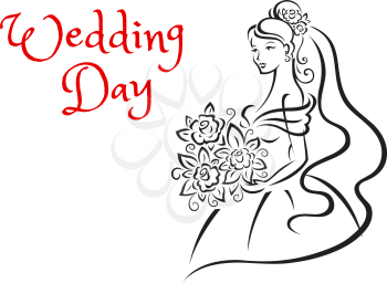 Wedding day greeting card template depicting silhouette of graceful young bride with roses in her hands and hair, outline sketch