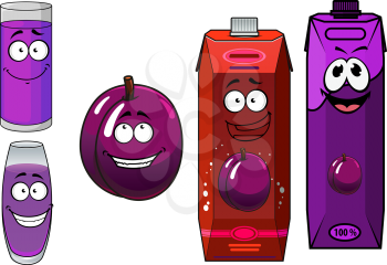 Red and violet cardboard packs of plum juice cartoon characters with smiling fresh plum fruit and filled glasses suited for beverage design