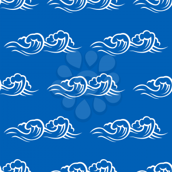 Stormy sea seamless pattern with white wave and surf on blue background for wallpaper or textile design
