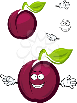 Ripe purple cartoon plum fruit with a green leaf and waving arms with a second plain variant with no face and separate elements