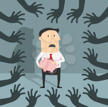 Cartoon scared businessman holding pink piggy bank surrounded by thief hands, flat style