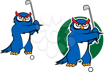 Cartoon owl playing golf with two variations, one with green grass behind, for sports mascot design