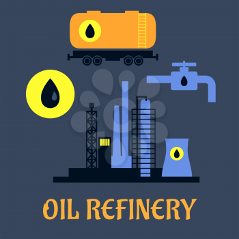 Oil refinery flat industrial icons with an industrial plant, drop of crude oil, tank for transportation and tap for a pipeline