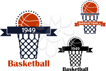 Basketball sport game emblem or symbol with basket, ball, ribbon and text for sporting design