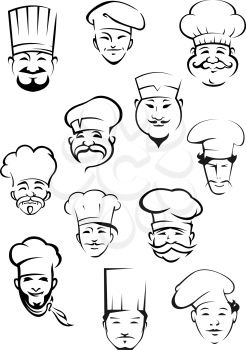 Professional chefs portraits showing multiethnic smiling mature and young mustached men in traditional toques for kitchen personnel or restaurant design