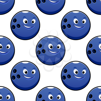 Bowling game seamless pattern with cartoon happy bright blue bowling ball characters on white background for textile or wrapping design
