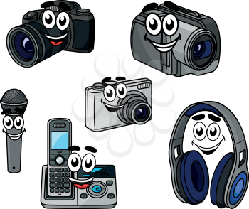 Cartoon digital photo and video camera, headphone, microphone, wireless telephone characters with cheerful smiling faces suitable for digital devices gadget design