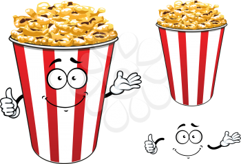 Cartoon striped red paper bucket of crunchy popcorn character showing thumb up gesture with cute smile for fast food design