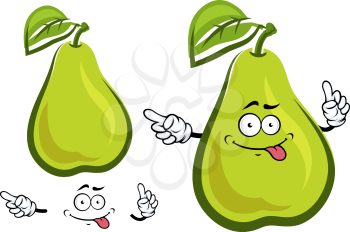 Cartoon funny pear fruit character with broad oval leaf and green yellow skin for agriculture or food design