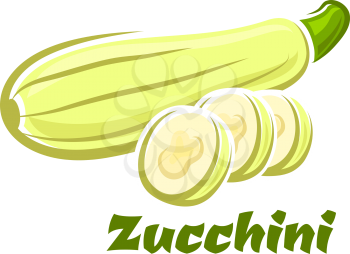 Fresh striped pale green zucchini or courgette vegetable with slices poster in cartoon style isolated on white background with caption Zucchini 