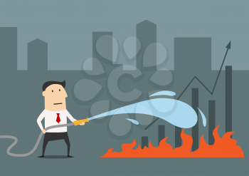 Businessman spraying a water hose on fire flames for saving financial graphs, cartoon style, suited for economical crisis or recession business concept design