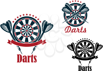 Darts sport game emblems and symbols with target, dart, ribbon and text